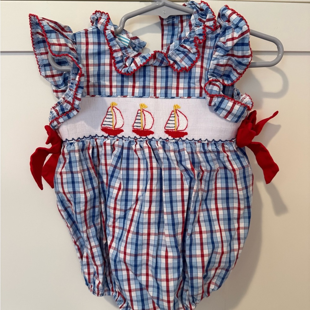 Smocked Sailboat Plaid Baby One-Piece - Blue & Red Bubble